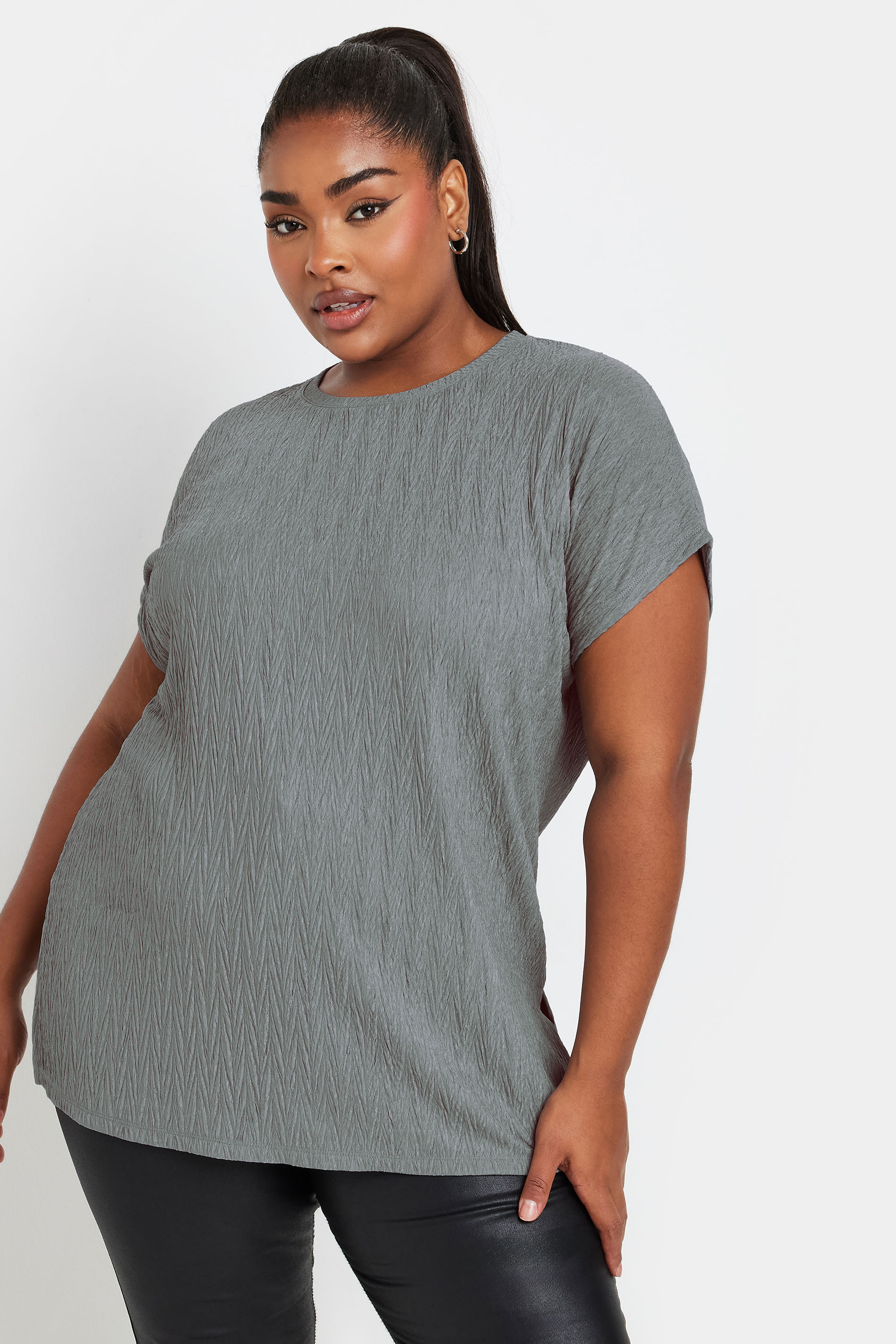 Yours YOURS Curve Grey Plisse Grown On Sleeve Top
