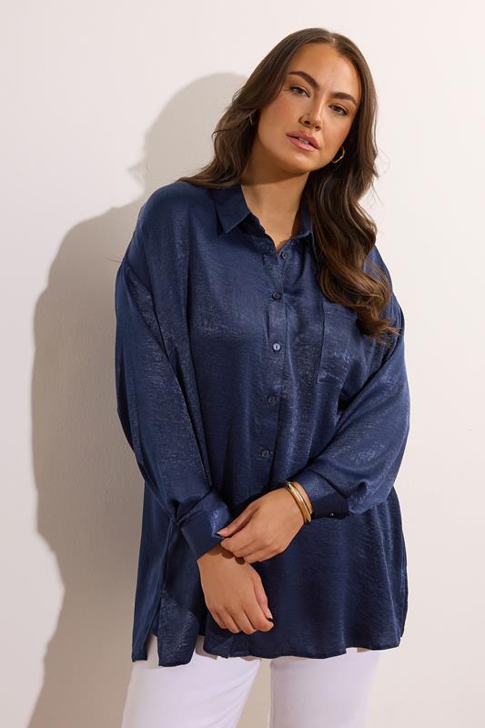 Evans EVANS Curve Navy Blue Metallic Button Through Shirt