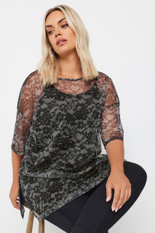 Yours YOURS Curve Black & Grey Floral Print Oversized Mesh Top