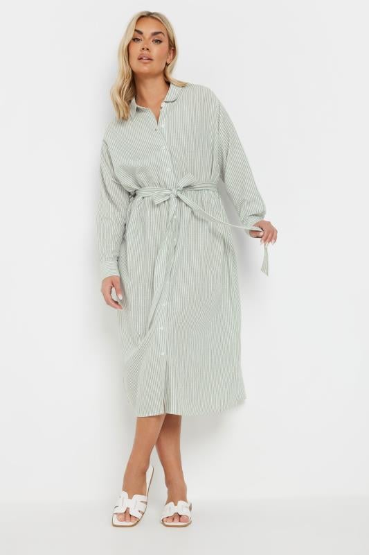 Yours YOURS Curve Sage Green Linen Stripe Shirt Dress