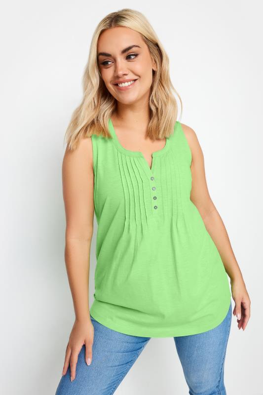 Yours YOURS Curve Green Pintuck Henley Vest Top