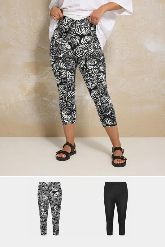 Yours YOURS 2 PACK Curve Black Butterfly Print Cropped Leggings