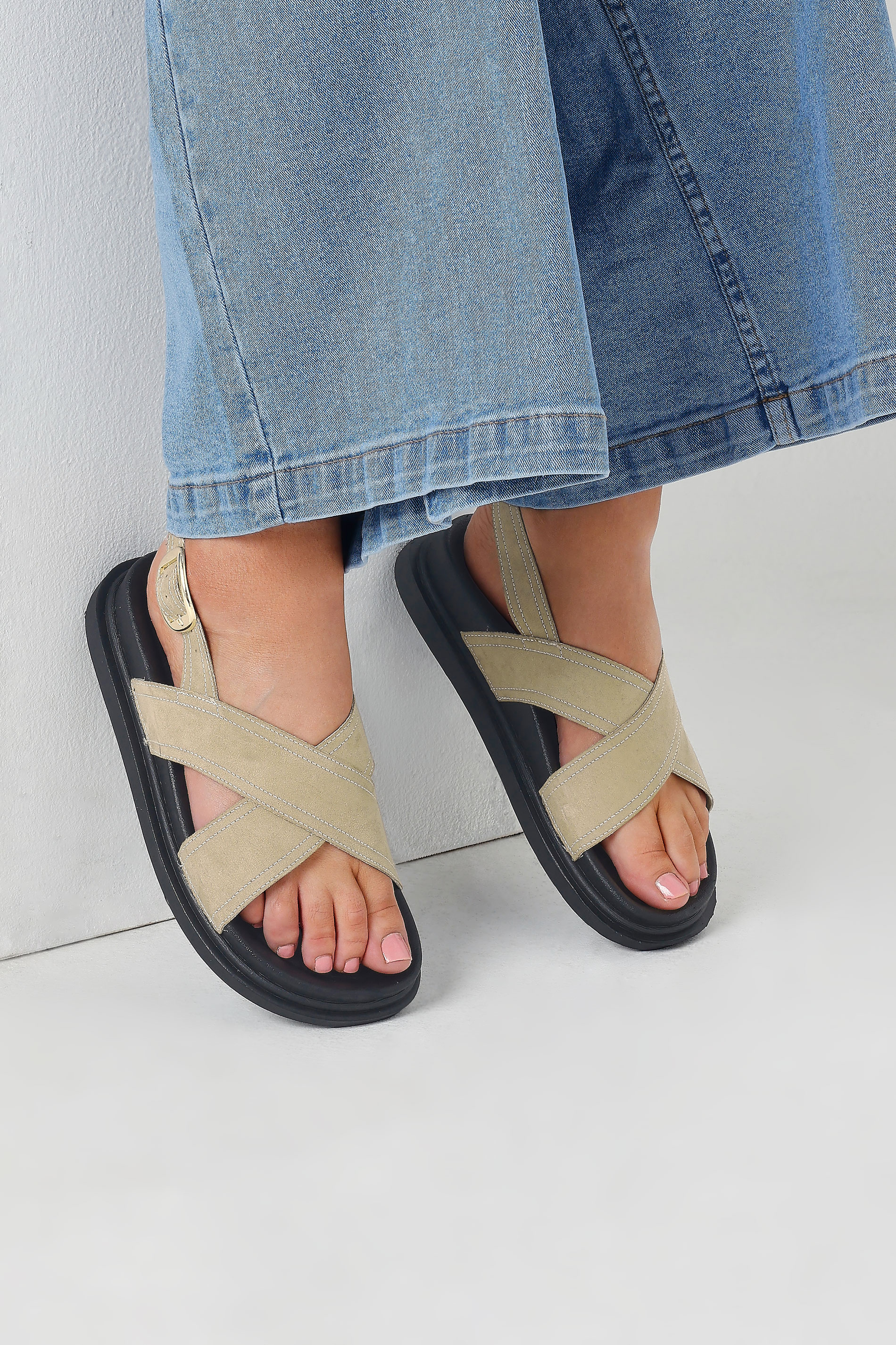 Yours Natural Brown Faux Suede Contrast Stitch Sandals In Extra Wide EEE Fit