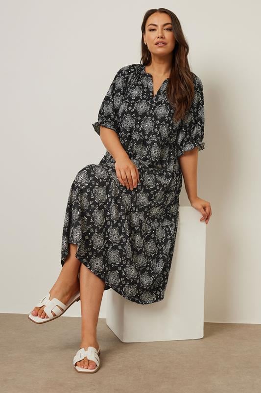 Yours YOURS Curve Black Tile Print Tiered Midi Dress