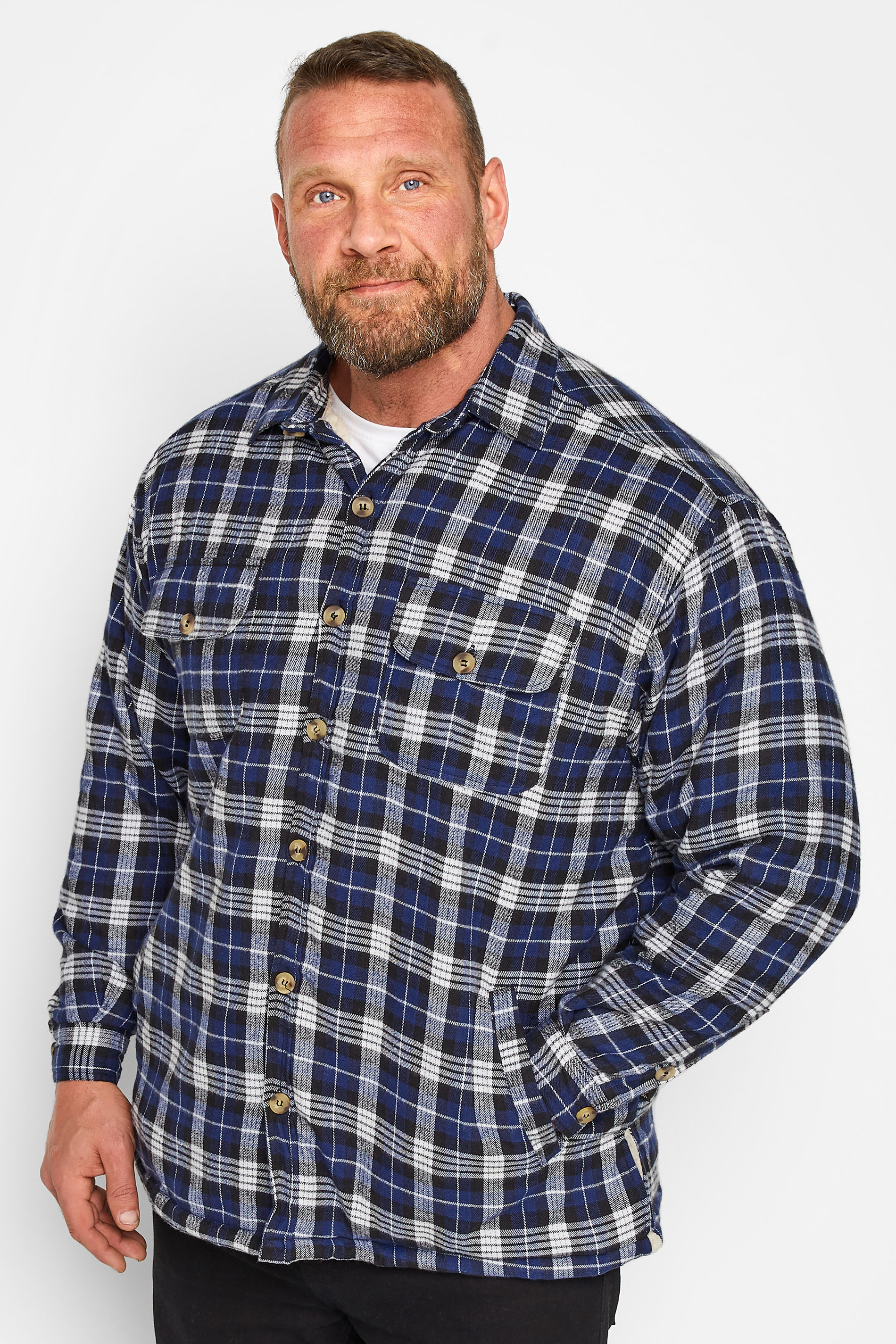 Kam KAM Big & Tall Navy Blue Button Through Sherpa Lined Check Shirt