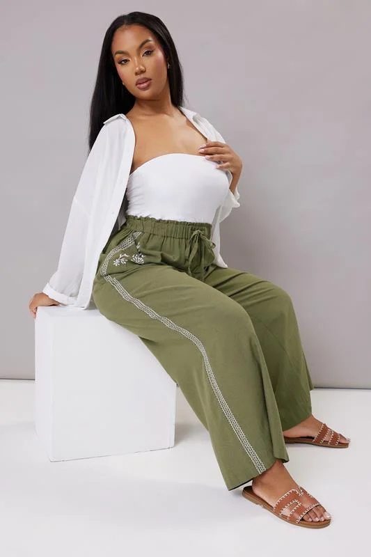 Yours YOURS Curve Khaki Green Embroidery Wide Leg Linen Trousers
