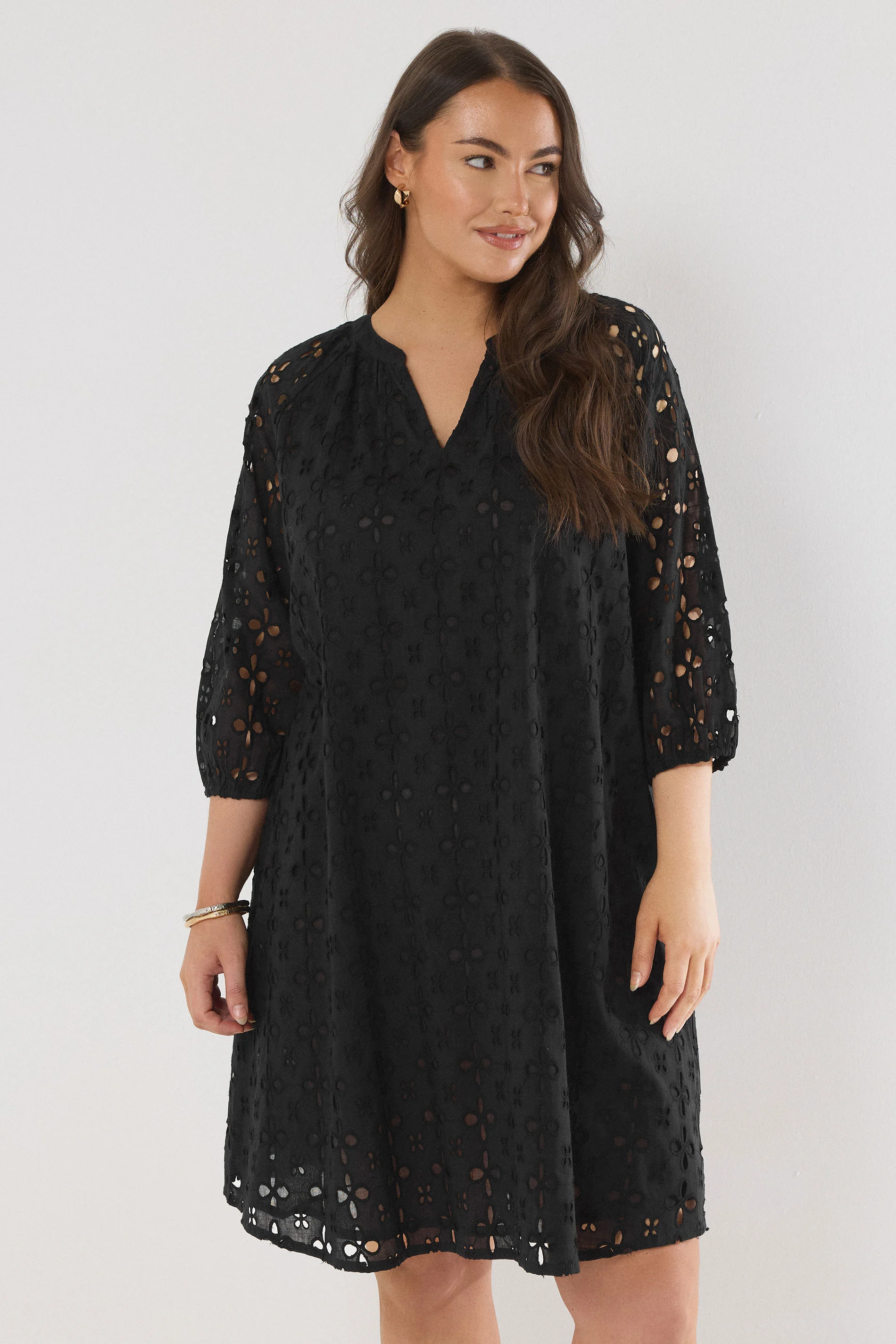 Evans EVANS Curve Black Long Sleeve Broderie Dress