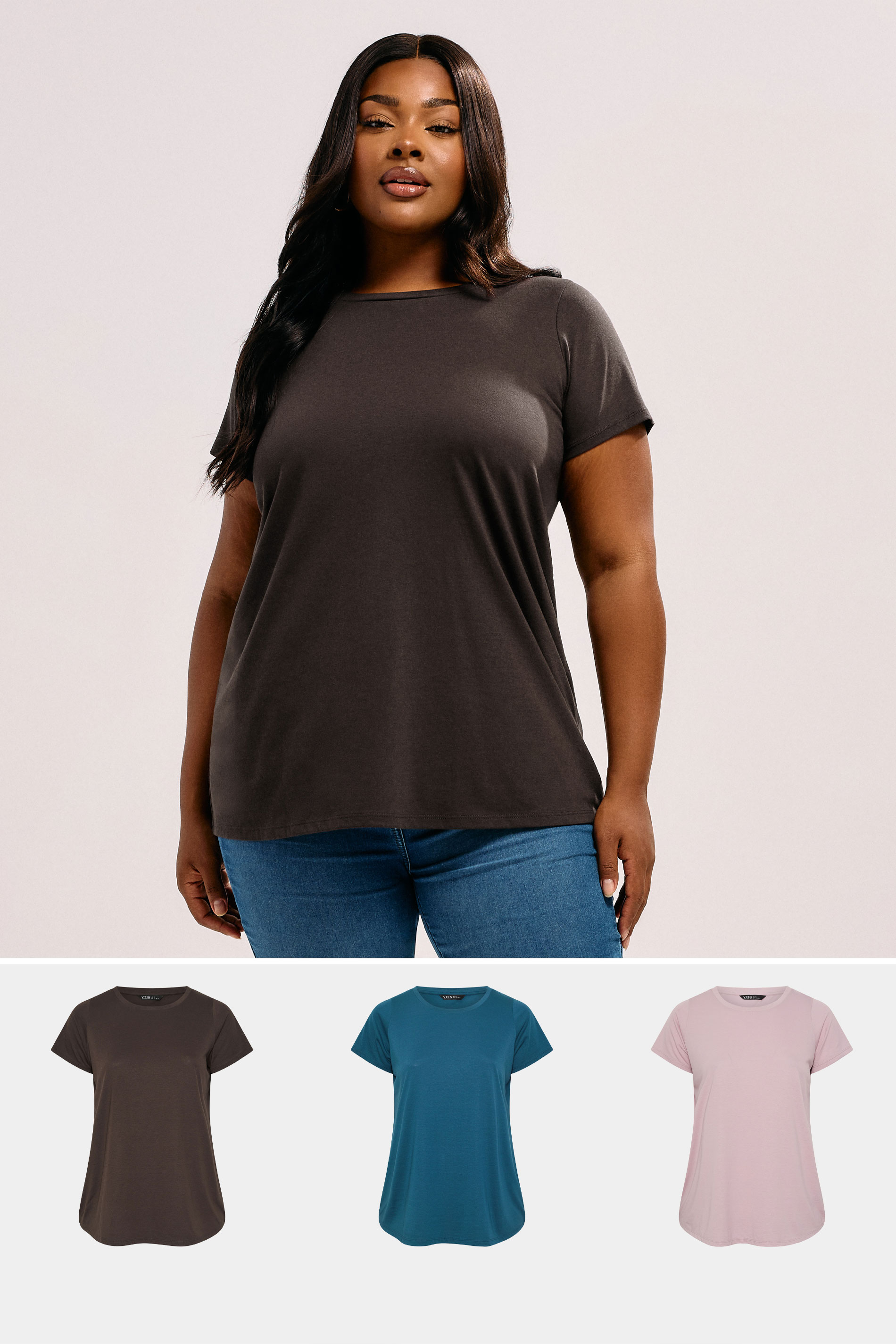 Yours YOURS Curve 3 PACK Brown & Blue Core T-Shirts