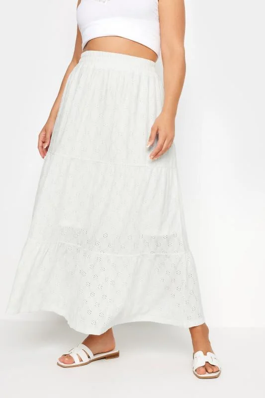 Yours YOURS Curve White Broderie Anglaise Tiered Maxi Skirt