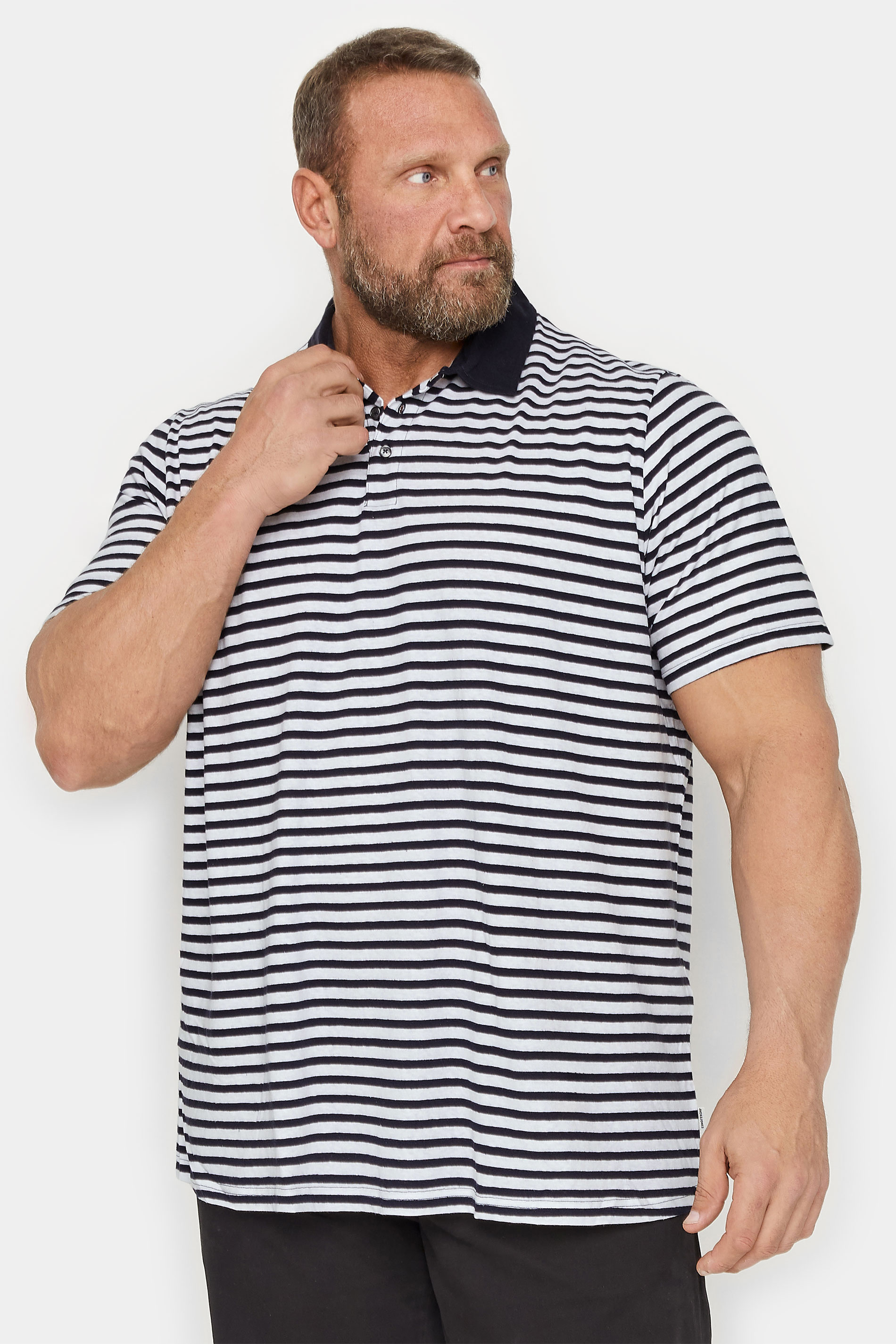 Jack & Jones JACK & JONES Big & Tall Navy Blue & White Striped Linen Polo Shirt