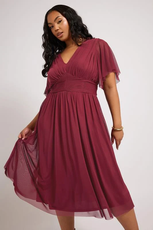 Yours London YOURS LONDON Curve Burgundy Red Pleated V-Neck Mesh Midi Dress
