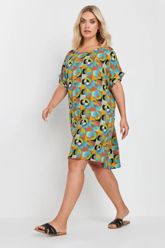 Yours YOURS Curve Orange & Blue Abstract Print Tunic Dress