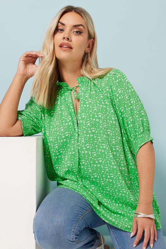 Yours YOURS Curve Green Ditsy Floral Print Tie Neck Blouse