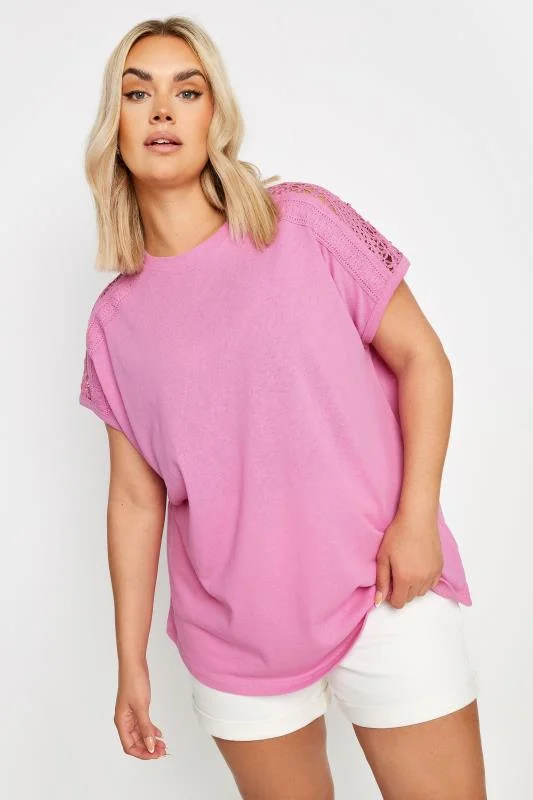 Yours YOURS Curve Pink Crochet Detail Linen T-Shirt