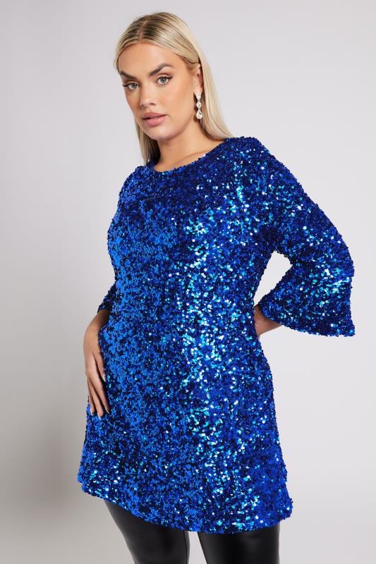 Yours London YOURS LONDON Curve Cobalt Blue Sequin Flute Sleeve Top