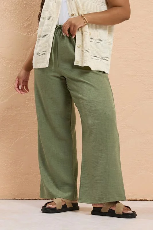 Yours YOURS Curve Khaki Green Linen Look Wide Leg Trousers