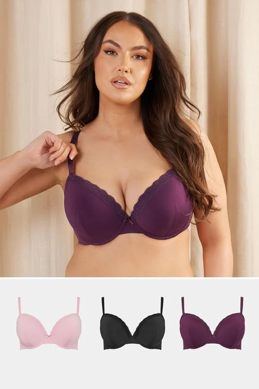 Yours YOURS 3 PACK Curve Purple & Pink Lace Trim Padded T-Shirt Bras