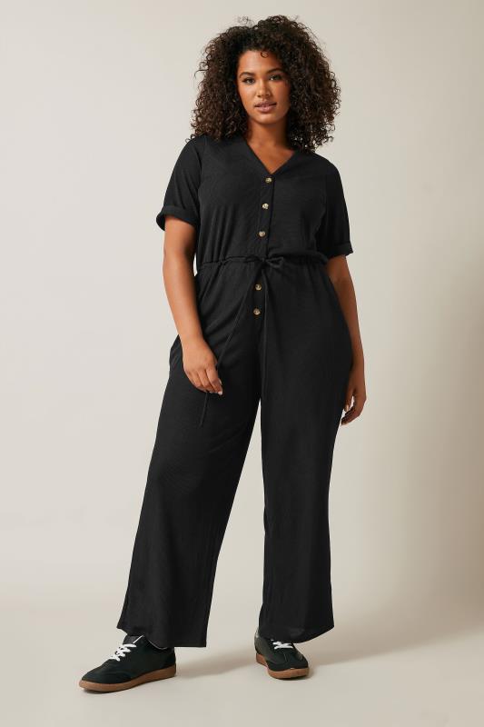 Evans EVANS Curve Black Button Front Jersey Jumpsuit