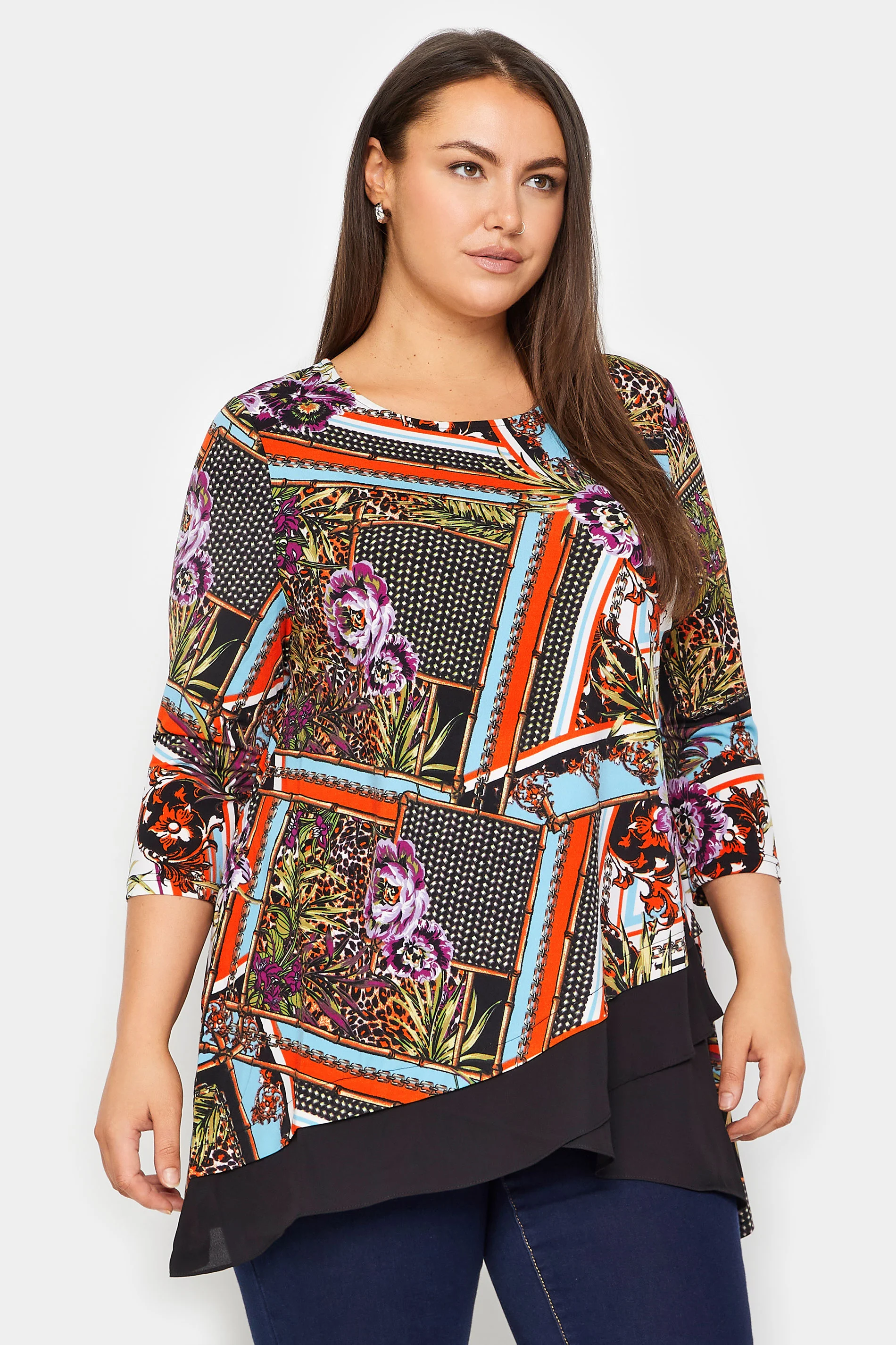 Evans Evans Black Mixed Print Hanky Hem Top