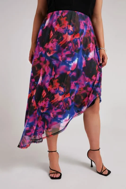 Yours London YOURS LONDON Curve Purple Abstract Print Asymmetric Mesh Skirt