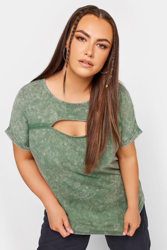 Yours YOURS Curve Khaki Green Acid Wash Cut Out T-Shirt