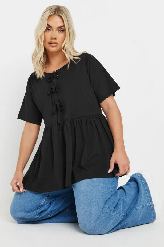 Yours YOURS Curve Black Bow Tie Front Peplum Top