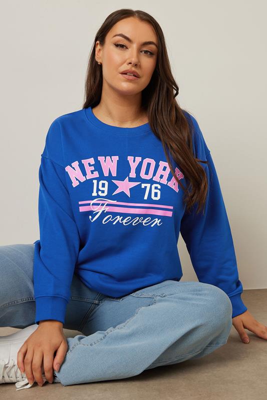 Yours YOURS Curve Cobalt Blue 'New York' Slogan Sweatshirt