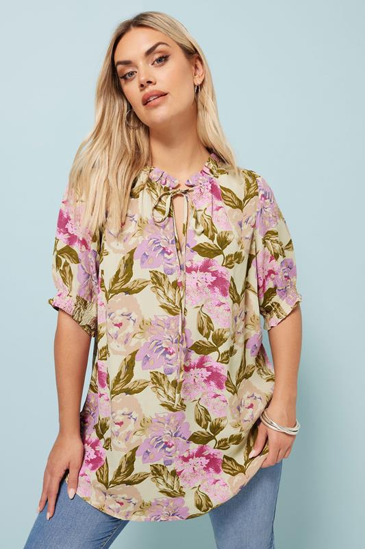 Yours YOURS Curve Green & Pink Floral Print Tie Neck Blouse