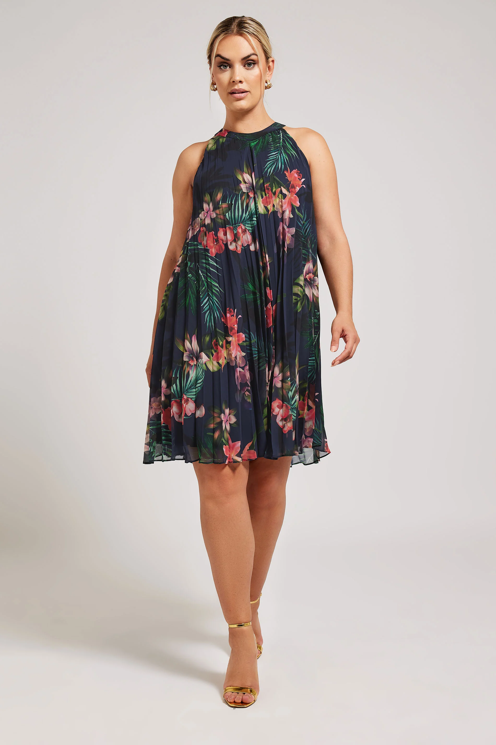 Yours London YOURS LONDON Curve Navy Blue Tropical Print Halter Neck Dress