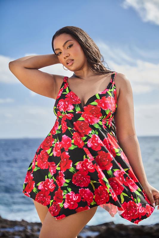 Yours YOURS Curve Red Floral Print Hanky Hem Swim Dress