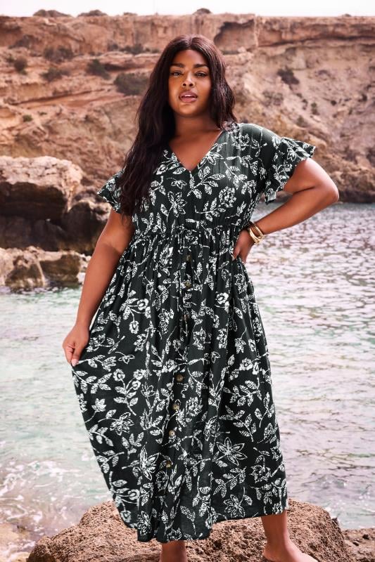 Yours YOURS Curve Black Dotted Leaf Print Linen Maxi Dress