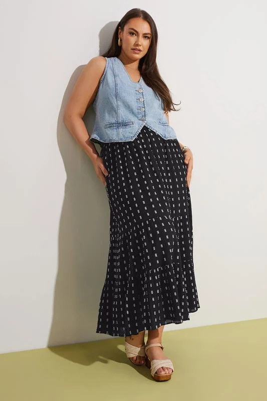 Yours YOURS Curve Black & White Dobby Tiered Maxi Skirt