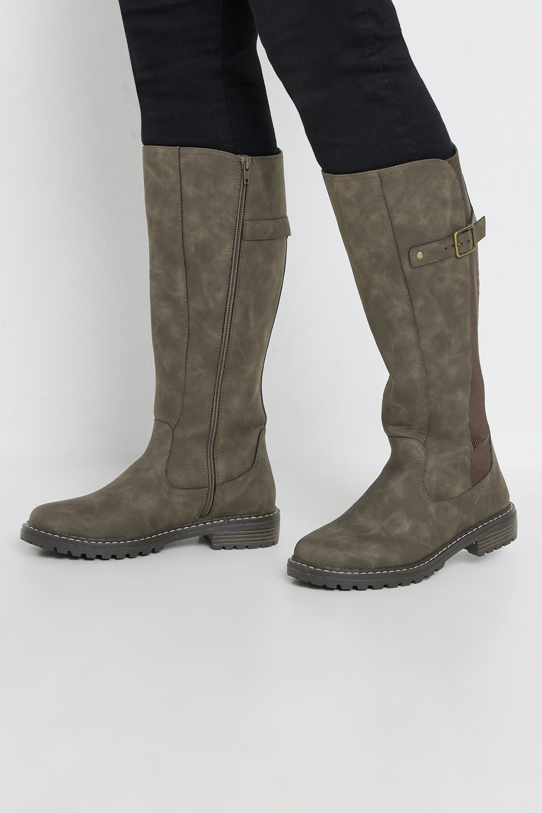 Yours Brown Faux Leather Stretch Knee High Boots In Extra Wide EEE Fit
