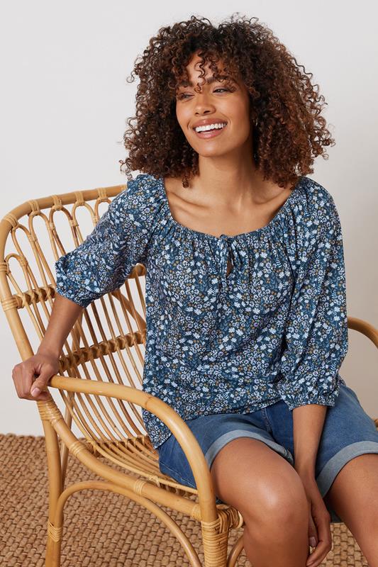 M&Co Womens M&Co Navy Blue Ditsy Print Tie Neck Top