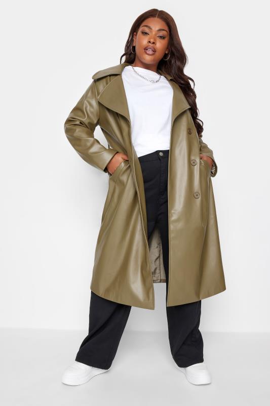 Yours YOURS Curve Olive Green Faux Leather Trench Coat