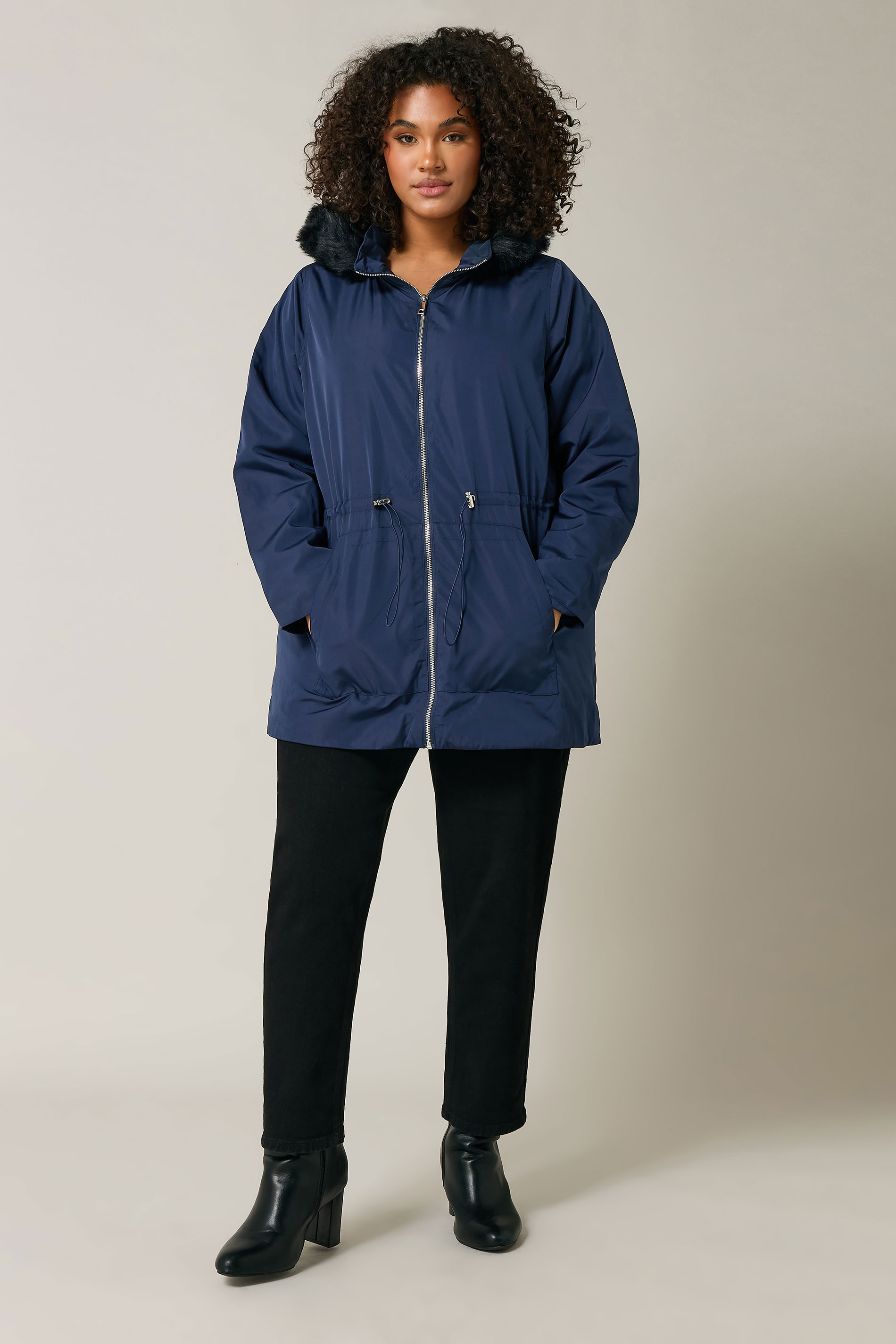 Evans Evans Navy Blue Faux Fur Hooded Parka Coat