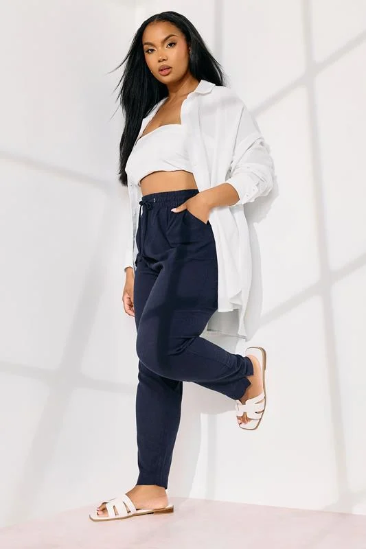 Yours YOURS Curve Navy Blue Linen Tie Front Joggers