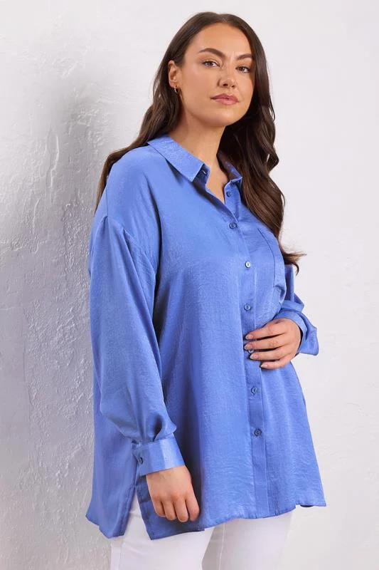Evans EVANS Curve Blue Metallic Button Through Shirt