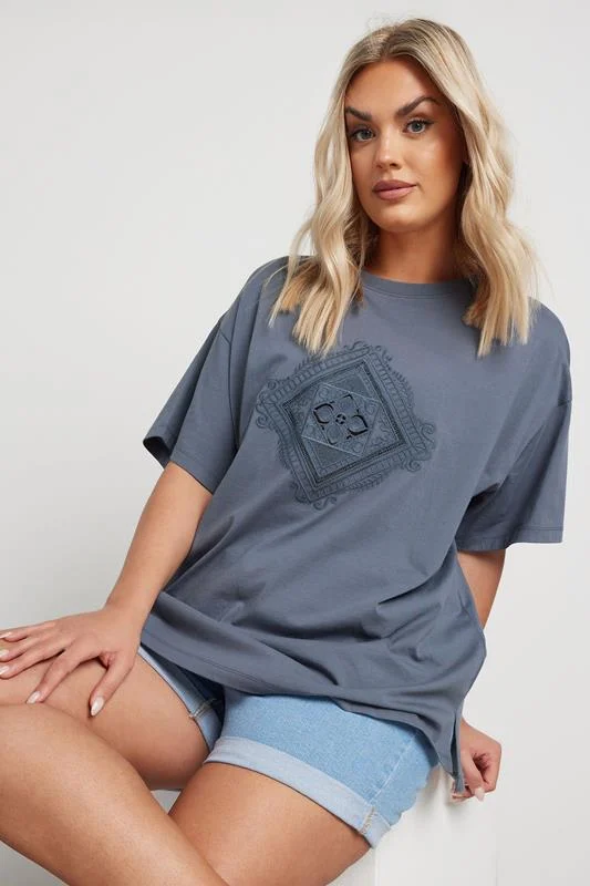 Yours YOURS Curve Grey Embroidered Boho Diamond Oversized T-Shirt