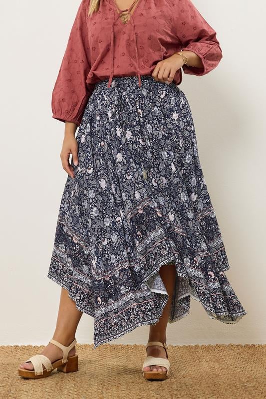 Yours YOURS Curve Navy Blue Paisley Hanky Hem Skirt