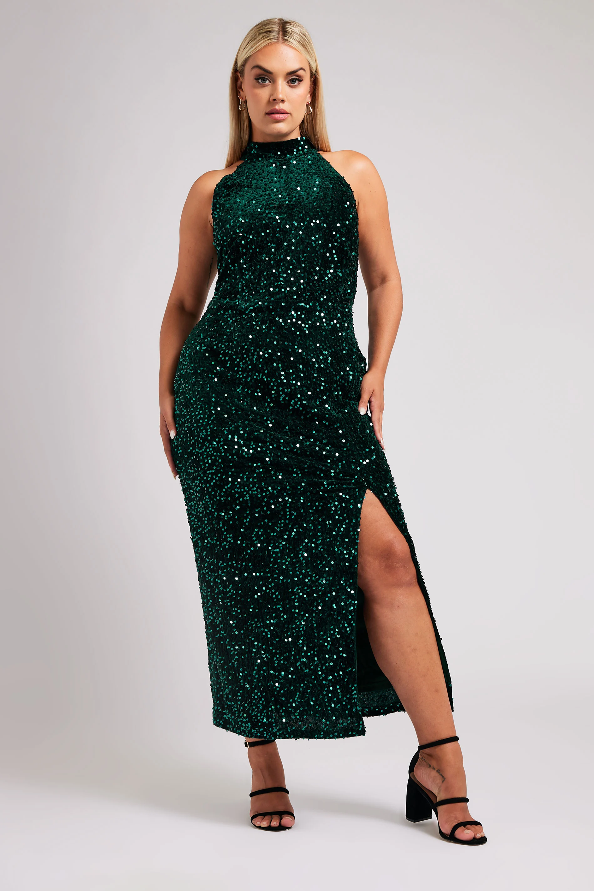 Yours London YOURS LONDON Curve Green Velvet Sequin Halterneck Maxi Dress