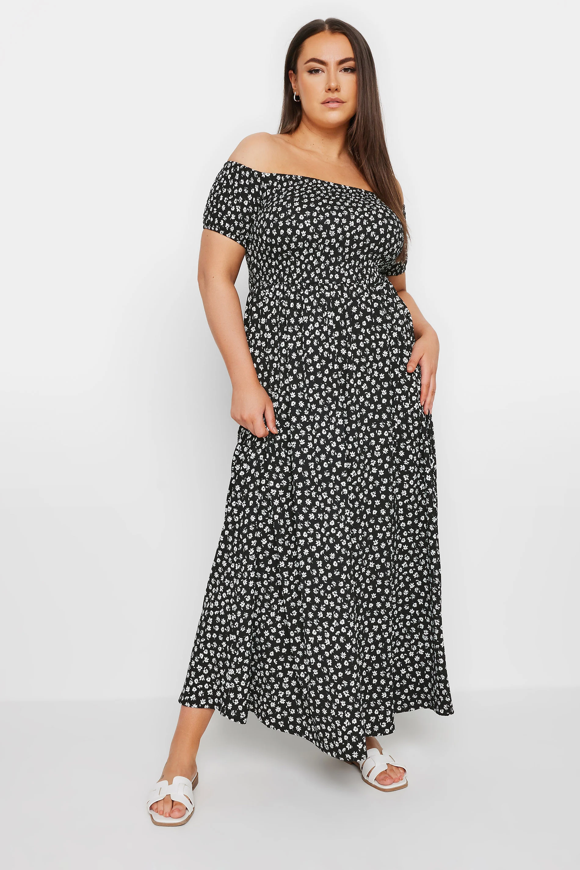 Yours YOURS Curve Black Floral Print Bardot Midaxi Dress