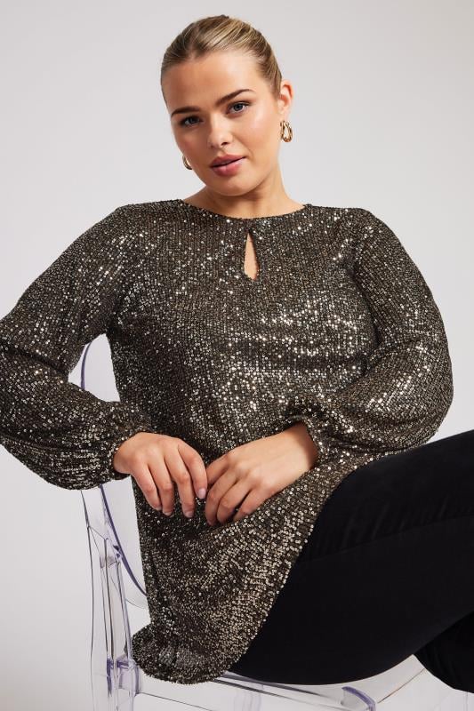 Yours London YOURS LONDON Curve Gold Sequin Keyhole Top