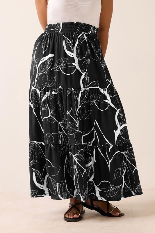 Yours YOURS Curve Black Leaf Print Tiered Maxi Skirt