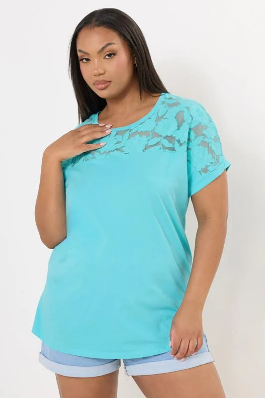 Yours YOURS Curve Blue Floral Mesh Panel T-Shirt