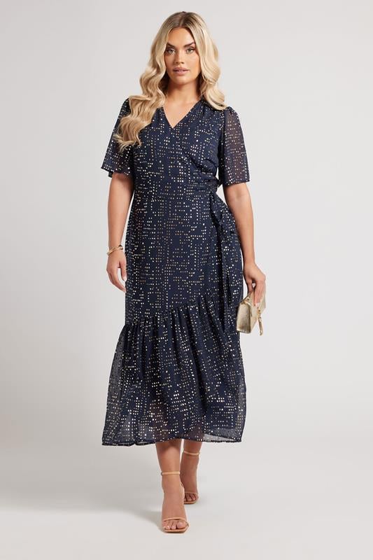 Yours London YOURS LONDON Curve Navy Blue Metallic Dot Wrap Dress