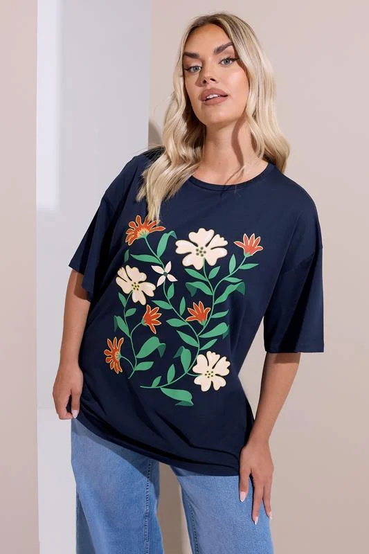 Yours YOURS Curve Navy Blue Floral Print T-Shirt