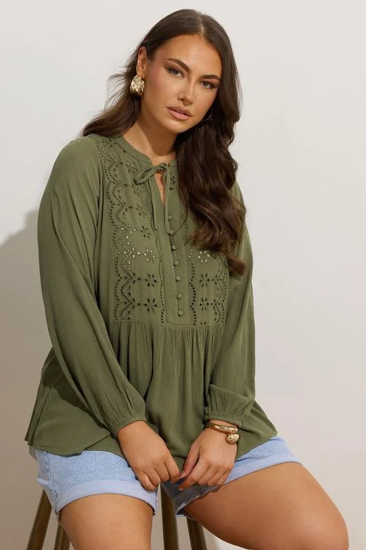 Yours YOURS Curve Khaki Green Broderie Anglaise Tie Neck Blouse