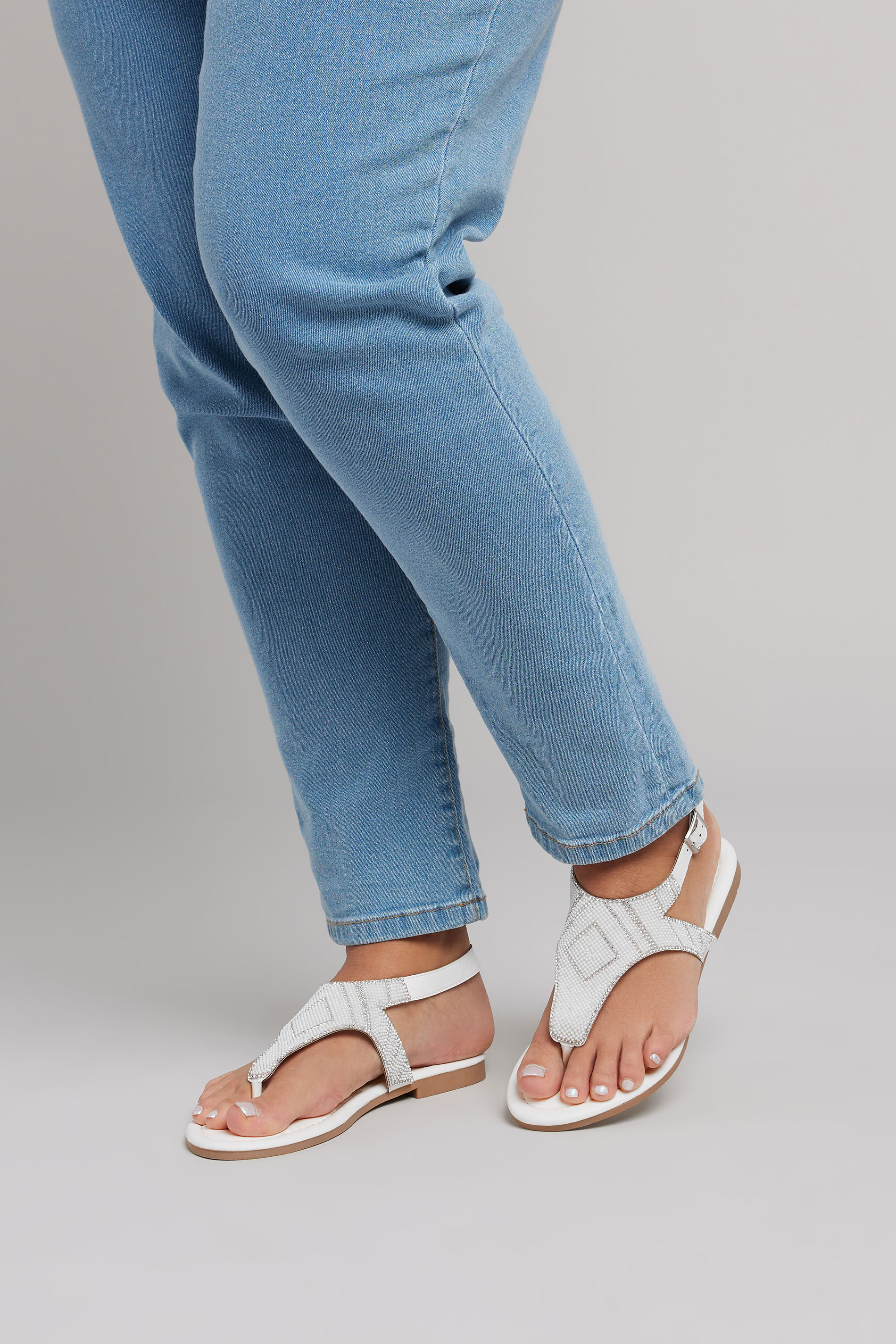 Yours White Embellished T-Bar Sandals In Wide E & Extra Wide EEE Fit