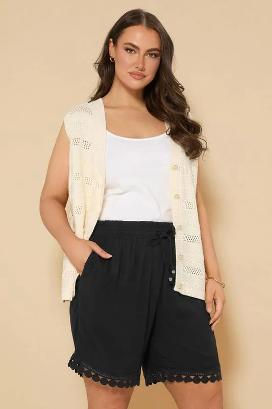 Yours YOURS Curve Black Crochet Trim Crinkle Shorts